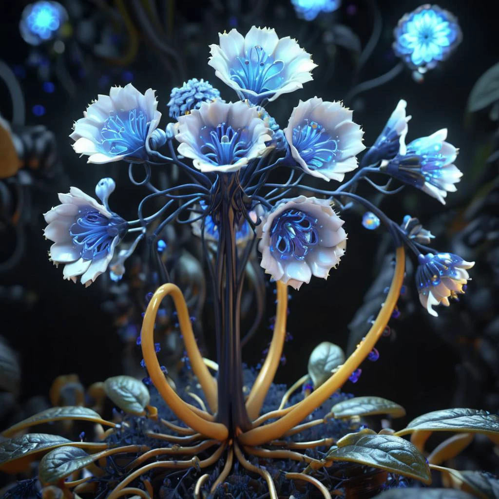 ((best quality)), ((masterpiece)), ((realistic,digital art)), (hyper detailed),teslapunkai DonMM4ch1n3W0rldXL Petite Ultramarine Blue Bush-like Whorled plant, LemonZest Umbellate Cyme Petal flower, Hastate, Aposepalous, Fasciculate, , octane rendering, raytracing, volumetric lighting, Backlit,Rim Lighting, 8K, HDR, <lora:TeslaPunkAIXLv2:0.7> <lora:DonMM4ch1n3W0rldXL:0.65>