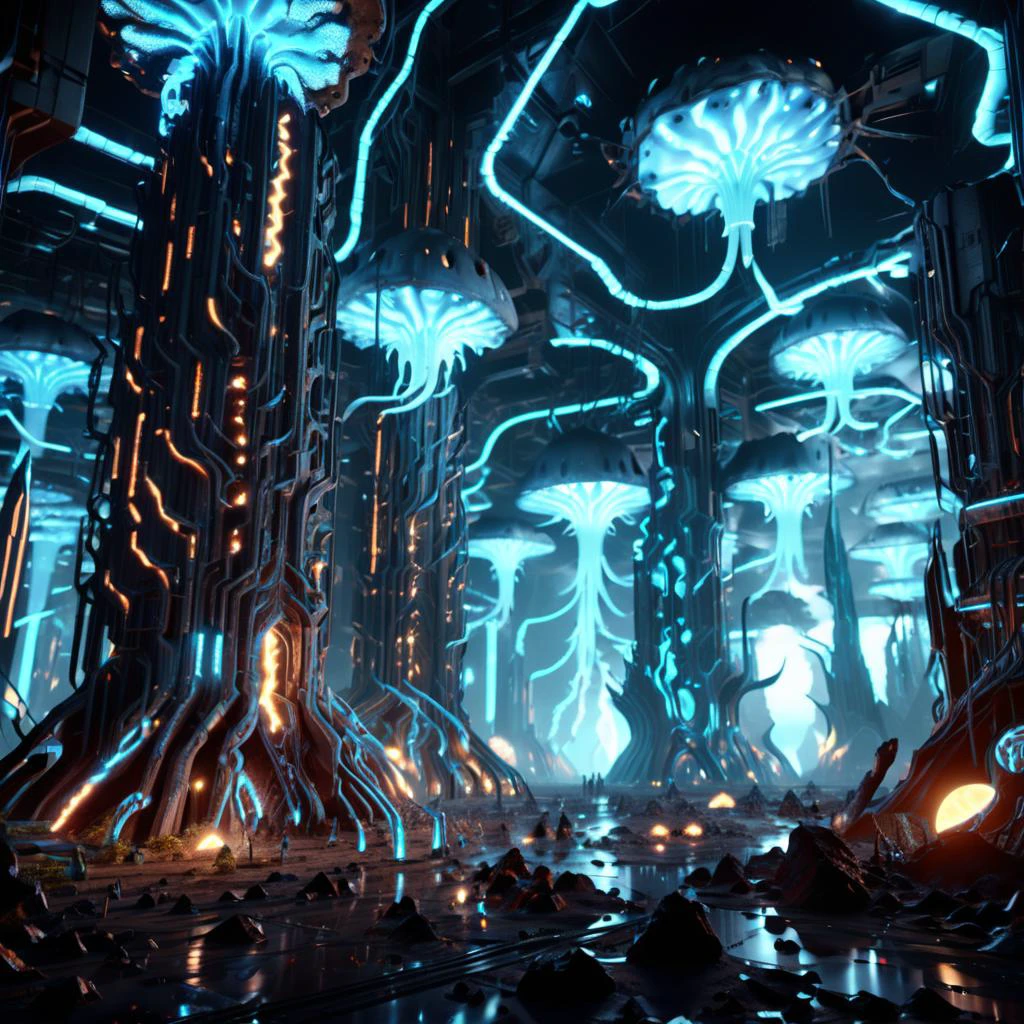 ((best quality)), ((masterpiece)), ((realistic,digital art)), (hyper detailed),teslapunkai DonMM4ch1n3W0rldXL Caves Bioluminescence,Skyscraper, octane rendering, raytracing, volumetric lighting, Backlit,Rim Lighting, 8K, HDR, <lora:TeslaPunkAIXLv2:0.7> <lora:DonMM4ch1n3W0rldXL:0.65>