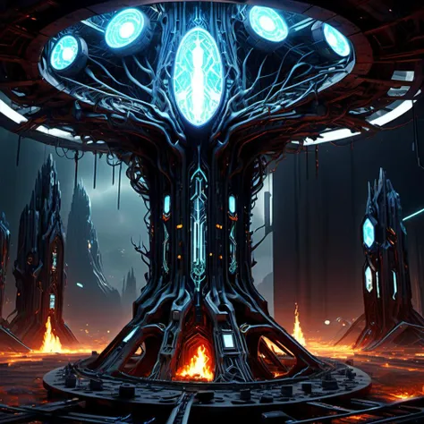 ((best quality)), ((masterpiece)), ((realistic,digital art)), (hyper detailed), DonMM4ch1n3W0rldXL High-Tech Co-Working Hub, Crumbling Idol, Dolomite stone and Turned Taquete tapestry, Ethanol or Bioethanol Fireplace, Strobe Lights, cyberpunk, sci-fi, 8K, HDR <lora:DonMM4ch1n3W0rldXL:1>