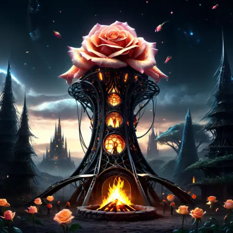 ((best quality)), ((masterpiece)), ((realistic,digital art)), (hyper detailed), DonMM4ch1n3W0rldXL Enchanted Rose Tower, Thatch, Outdoor Fire Pit, Uplighting, 8K, HDR <lora:DonMM4ch1n3W0rldXL:1>