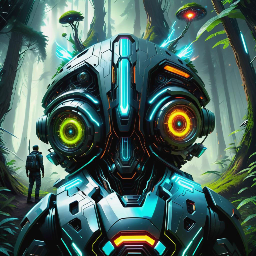 ((best quality)), ((masterpiece)), ((realistic,digital art)), (hyper detailed),forest, scifi, tech, futurism, futuristic,8K, HDR <lora:DonMM4ch1n3W0rldXL:0.85>