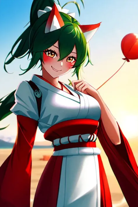 1girl, kiriko, green hair, ponytail, fox mask, half mask,
white kimono, red skirt, hair between eyes, cute smile,
big heart balloon in the background, at the beach, sunrise,