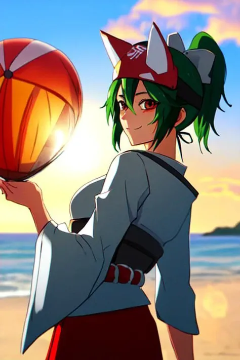 1girl, kiriko, green hair, ponytail, fox mask, half mask,
white kimono, red skirt, hair between eyes, cute smile,
big heart balloon in the background, at the beach, sunrise,