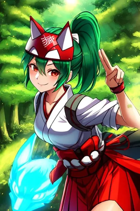 1girl, kiriko, green hair, ponytail, fox mask, half mask,
red skirt, hair between eyes, cute smile,
in the forest, sunrise, from above