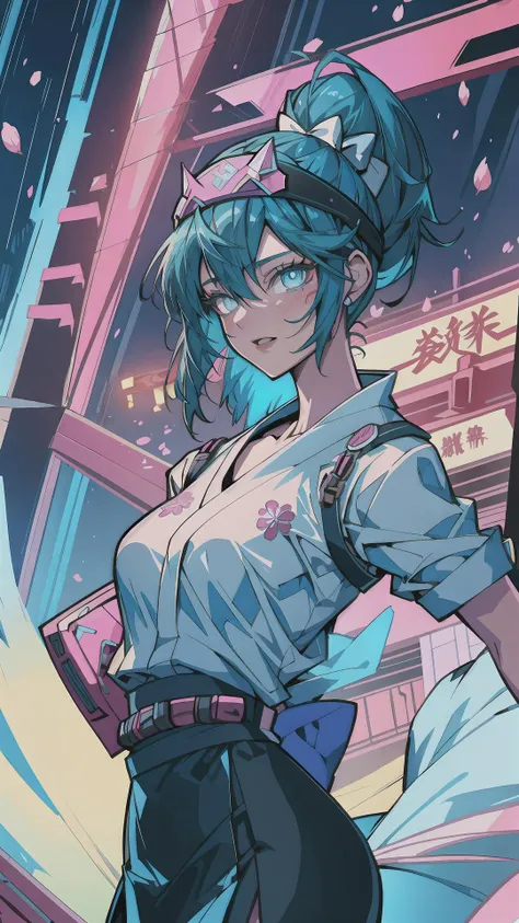 (masterpiece, best quality), torii gate, <lora:retrowave_0.12:0.5>, BREAK, 1lady, sakura blossom, solo, a green hair, a blue luminous eyes, facial mark, school uniform, black skirt, artstation, dynamic, charming, magical, unreal engine, fantastically beautiful, illustration, dramatic lighting, rave background, neon glow, maximalist, <lora:akai_v2:0.8>