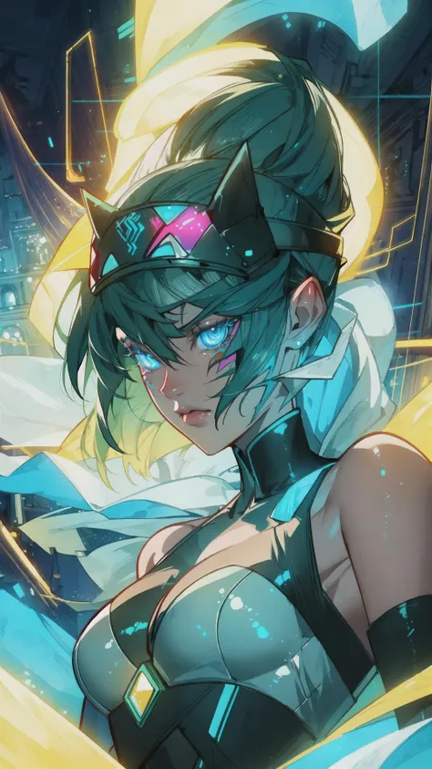(masterpiece, best quality), 1lady, solo, a green hair, a blue luminous eyes, facial mark, artstation, dynamic, charming, magical, unreal engine, fantastically beautiful, illustration, dramatic lighting, rave background, neon glow, maximalist, <lora:akai_v2:1>