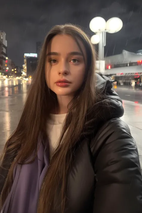 <lora:dasha epoch-000005:1> dasha, realistic, jacket, raining, rain, night, outdoors, (wet:1.1), looking at viewer,