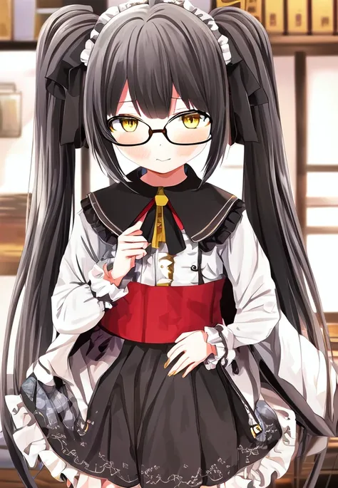 by kurige, 1girl, black hair, yellow eyes, glasses, framing, twintails