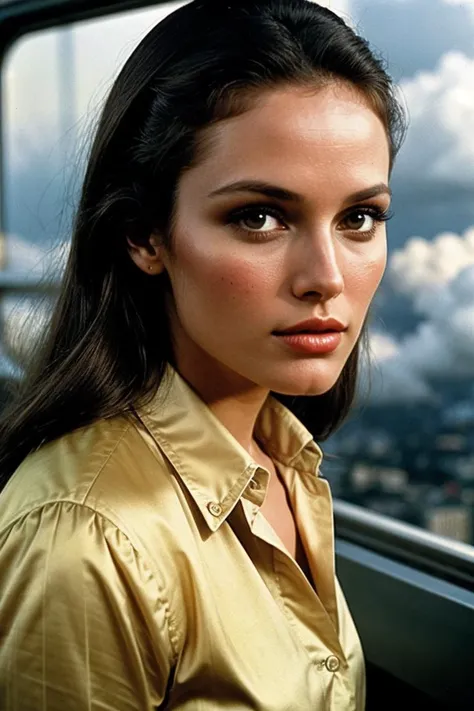 photo of beautiful (Ursul4Andr3ss_HM-135:0.99), brunette, a woman, perfect hair, surprised, (modern photo), wearing button-up shirt, slacks, portrait, 85mm, (analog, cinematic, film grain:1.3), (Cloud City, City suspended in a gas giant's clouds offering atmospheric views.), detailed eyes, professional pose, painted lips, (epiCPhoto), (looking at viewer:1.1), (cinematic shot:1.3), (natural lighting, lit from above), <lora:add_detail:0.5>