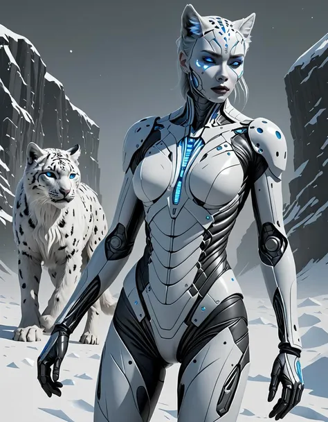 biomechanical style Frozen wasteland dominated by snow and ice at night, an imposing [human|Snow Leopard] Hybrid, wearing a transparent stillsuit, covered with fur, face with distinctly human features accentuated by piercing cat eyes, The atmosphere crackles with winter drama, moonlight reflecting off the snow, vibrant colors and high contrast, style of Will Murai, style of Maciej Kuciara, style of Simon Bisley,  . blend of organic and mechanical elements, futuristic, cybernetic, detailed, intricate, <lora:StillsuitXL_v1.32:0.2> ,