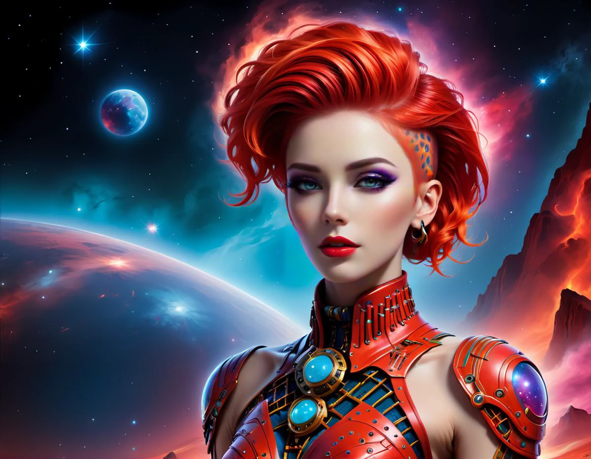 Vibrant and captivating atompunk art depicting an alluring figure, adorned in a stillsuit with intricate details, exudes confidence while sporting a mesmerizing red undercut hairstyle that cascades down their face, their gaze pierces through the viewer as they stand tall, against the backdrop of a bustling atompunk marketplace, Embrace the contrast between the vivid colors of the market stalls and the ethereal darkness of the nebula sky above, high contrast, style of Angus McKie, <lora:Randommaxx_dark_offset_v1.1_lora_fp16:0.7>, <lora:StillsuitXL_v1.31:0.75>