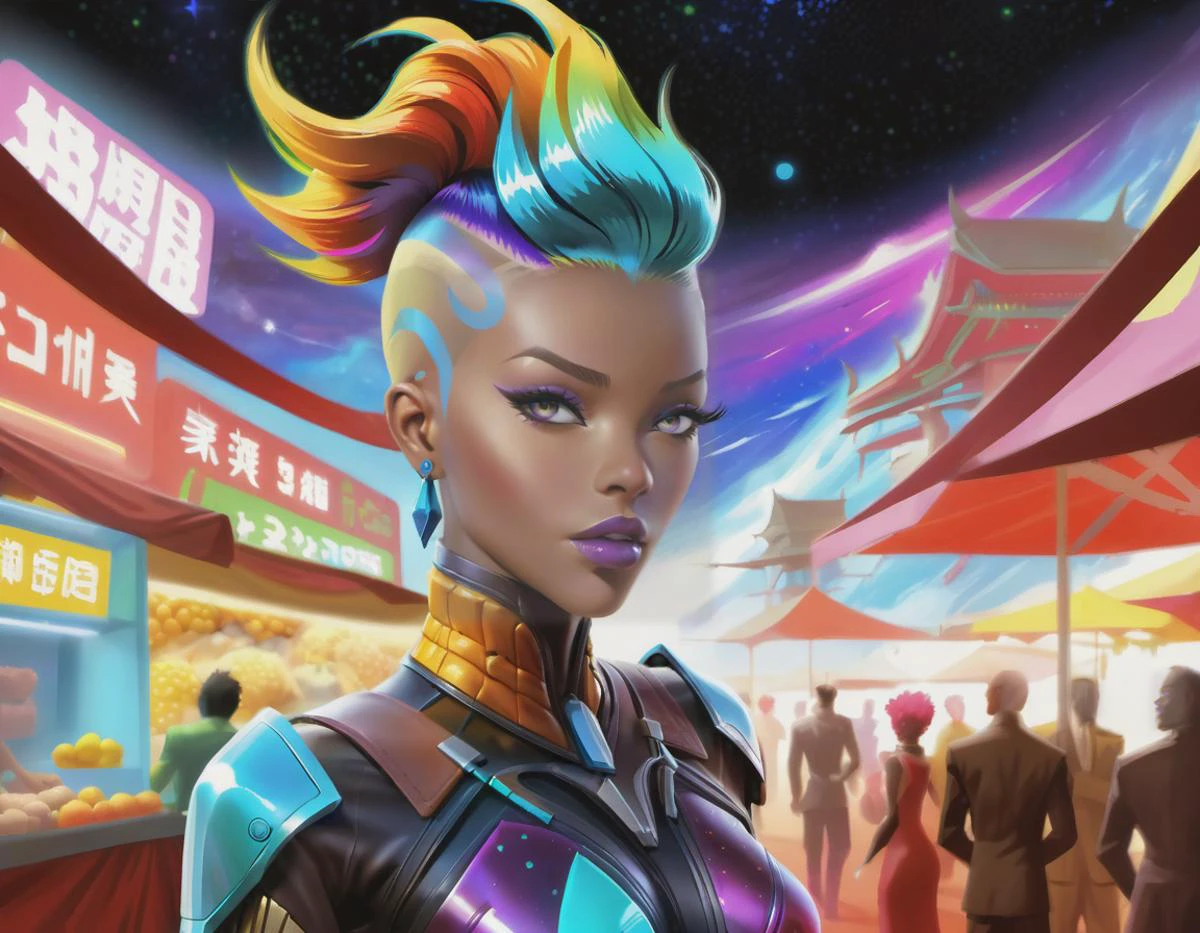 Vibrant and captivating 3d anime style atompunk art depicting an alluring figure, adorned in a stillsuit with intricate details, exudes confidence while sporting a mesmerizing colorful undercut hairstyle that cascades down their face, their gaze pierces through the viewer as they stand tall, against the backdrop of a bustling atompunk marketplace, embrace the contrast between the vivid colors of the market stalls and the ethereal darkness of the dark nebula sky above, high contrast, style of Angus McKie and Edward Blair Wilkins, vivid color, high contast, symmetrical eyes, <lora:DetailedEyes_V3:0.8>, <lora:Randommaxx_dark_offset_v1.1_lora_fp16:0.7>, <lora:StillsuitXL_v1.31:0.75>