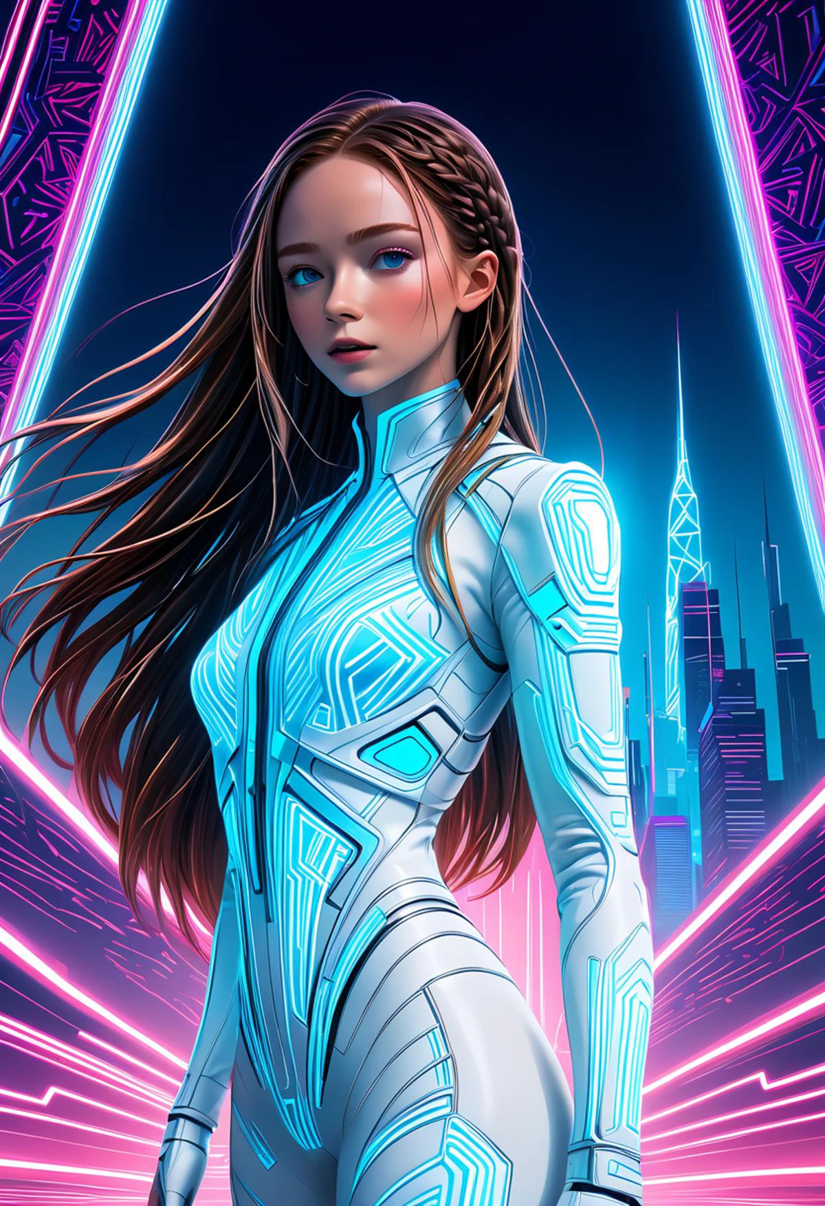 A stunning artwork inspired by the movie "Tron" showcases a character with long flowing hair styled in braids, woman, wearing in sleek white leather neon stillsuit with neon lights, withoutmask, yamer style, perfect athletic figure, they exude confidence and sophistication amidst the dark digital landscape, background is dominated by intricate patterns reminiscent of the film's futuristic aesthetic, creating an immersive experience for viewers, standing tall they are not only stylish but also a formidable force, volumetric lighting, <lora:StillsuitXL_v1.31:0.75> stillsuit, withmask <lora:sad1es1nk11:1> Sadie Sink, woman