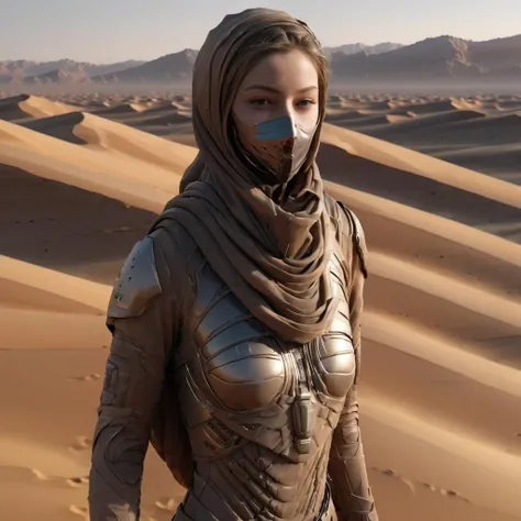 1girl, upper body, dessert, walking, <lora:StillsuitXL:1>, stillsuit mask up, 8k, (realistic:1.3), finely detailed, quality, rembrandt lighting, (masterpiece:1.2), (photorealistic:1.2), (best quality), (detailed skin:1.3), (intricate details), dramatic, ray tracing, detailed skin texture, (blush:0.5), (goosebumps:0.5), subsurface scattering