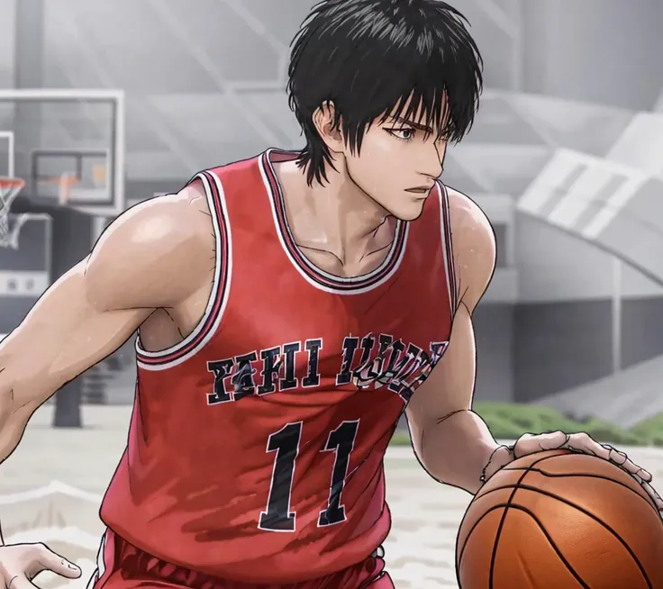 mastepiece,best quality,1boy,beach,solo,short hair, black hair,basketball uniform,
<lora:rukawa_sd_v1:0.85>