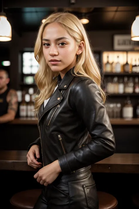 tv_Adeline_MXAI , (((relaxed))), \"epic-Ultra-HD-details\", \"epic-Ultra-HD-highlights\", PA7_Portrait-FL, PA7_Human-Likeness, , , hard expression, wearing biker boots, wearing detailed leather pants, wearing a band t-shirt, wearing a leather jacket, standing at the bar in a biker bar, shot from the side,, 8k resolution, highres, high detail, sharp focus, detailed skin, 8k uhd, bokeh, analog photography