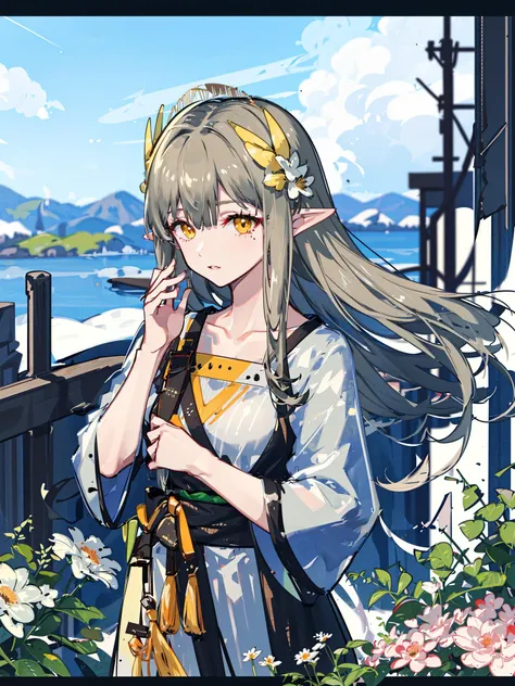 masterpiece, best quality,
1girl, landscape, panorama, overlook,(distant view),blurry foreground,wind,
Mumu, long hair, brown hair AND green hair, pointy ears, yellow eyes, hair ornament, mole under eye, small breasts, collarbone, bangs,
pinstripe dress,
cropped torso upper body, arm grab,
Spring Festival, letterboxed, in winter, gerbera, cave,
<lora:Muelsyse_v1.1-000006:1:CHARACTER> <lora:animeScreenshotLikeStyleMixLora_v10:0.7:BACKGROUND>