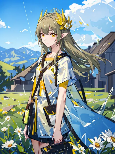 masterpiece, best quality,
1girl, landscape, panorama, overlook,(distant view),blurry foreground,wind,
Mumu, long hair, brown hair AND green hair, pointy ears, yellow eyes, hair ornament, mole under eye, small breasts, collarbone, bangs,
military uniform,
facing viewer, convenient arm,
Hanukkah, pillarboxed, rain, daisy, flower field,
<lora:Muelsyse_v1.4-000006:1:CHARACTER> <lora:animeScreenshotLikeStyleMixLora_v10:0.7:BACKGROUND>