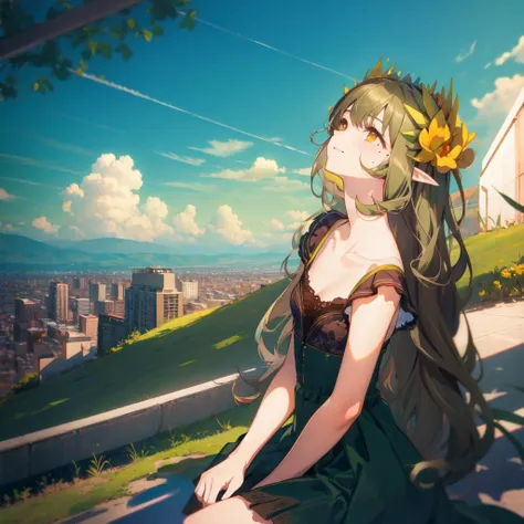 masterpiece, best quality, 2girls, landscape, panorama, overlook,(high contrast:0.8),(distant view),blurry foreground,wind, Mumu, long hair, brown hair AND green hair, pointy ears, yellow eyes, hair ornament, mole under eye, small breasts, collarbone, bangs, looking up, sitting on person, city, street,projected inset, <lora:Muelsyse_v1.4:1>