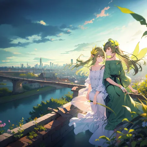 masterpiece, best quality, 2girls, landscape, panorama, overlook,(high contrast:0.8),(distant view),blurry foreground,wind, Mumu, long hair, brown hair AND green hair, pointy ears, yellow eyes, hair ornament, mole under eye, small breasts, collarbone, bangs, looking up, sitting on person, city, street,projected inset,  <lora:Muelsyse_v1.4:1>