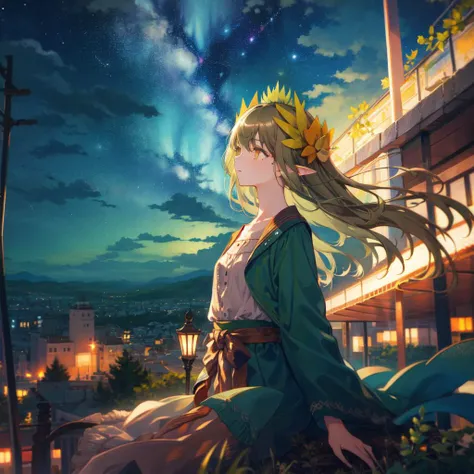 masterpiece, best quality, 1girl, landscape, panorama, overlook,(high contrast:0.8),(distant view),blurry foreground,wind, Mumu, long hair, brown hair AND green hair, pointy ears, yellow eyes, hair ornament, mole under eye, small breasts, collarbone, bangs, looking up, sitting on person, city, street, night, starry sky, dark, midnight, cowboy shot, projected inset, <lora:Muelsyse_v1.4:1>