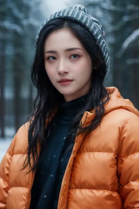 masterpiece, best quality, ultra-detailed, ultra high res, (photorealistic:1.4), raw photo, (realistic:0.2), CG, {4k|8k} HDR, perfect lighting, 1girl, solo, looking at viewer, (winter clothes, padded jacket), outdoor, (snow, snowflakes), night, aurora sky, upper body, asymmetrical wavy long hair, (detailed oily skin, medium breasts:0.8), (detailed background :1.1), hands in pocket,