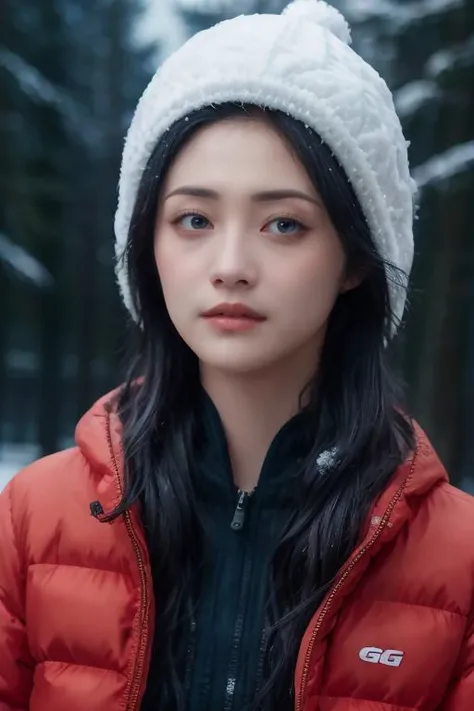 masterpiece, best quality, ultra-detailed, ultra high res, (photorealistic:1.4), raw photo, (realistic:0.2), CG, {4k|8k} HDR, perfect lighting, 1girl, solo, looking at viewer, (winter clothes, padded jacket), outdoor, (snow, snowflakes), night, aurora sky, upper body, asymmetrical wavy long hair, (detailed oily skin, medium breasts:0.8), (detailed background :1.1), hands in pocket,