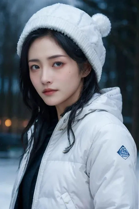 masterpiece, best quality, ultra-detailed, ultra high res, (photorealistic:1.4), raw photo, (realistic:0.2), CG, {4k|8k} HDR, perfect lighting, 1girl, solo, looking at viewer, (winter clothes, padded jacket), outdoor, (snow, snowflakes), night, aurora sky, upper body, asymmetrical wavy long hair, (detailed oily skin, medium breasts:0.8), (detailed background :1.1), hands in pocket, mole under eye,