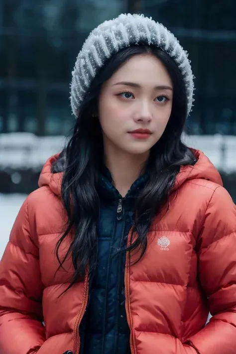 masterpiece, best quality, ultra-detailed, ultra high res, (photorealistic:1.4), raw photo, (realistic:0.2), CG, {4k|8k} HDR, perfect lighting, 1girl, solo, looking at viewer, (winter clothes, padded jacket), outdoor, (snow, snowflakes), night, aurora sky, upper body, asymmetrical wavy long hair, (detailed oily skin, medium breasts:0.8), (detailed background :1.1), hands in pocket,
