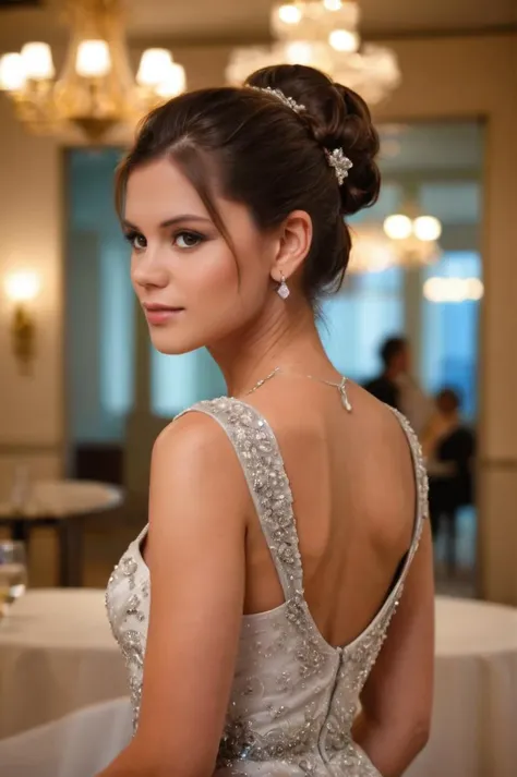 <lora:little caprice sdxl-000005:1> lcaprice, updo, elegant dress, jewelry, necklace, attending a fancy gala, bokeh