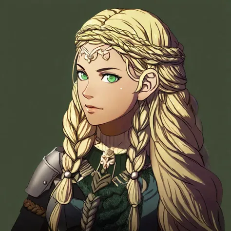 A portrait of a Fire Emblem girl with a simple green background, She has Blonde braided  hair and green eyes, embodies sun-kissed tresses and gently curled and exuding a golden radiance the image has character-focused lighting with adaptive light falloff and realistic skin shading including high-quality specular highlights alongside expressive eye shading, cinematic color grading and silhouette enhancement,  <lora:FE3H v3 DerSch SDXL v1.1:1>