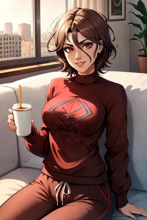 (masterpiece, best quality, absurdres), sw2099, red eyes, cowboy shot, <lora:SpiderWoman2099_V1-Manityro:1.0>, short hair, messy hair, couch, sitting, brown sweater, sweatpants, holding coffee, smile, hair between eyes, medium breasts, looking at viewer, apartment