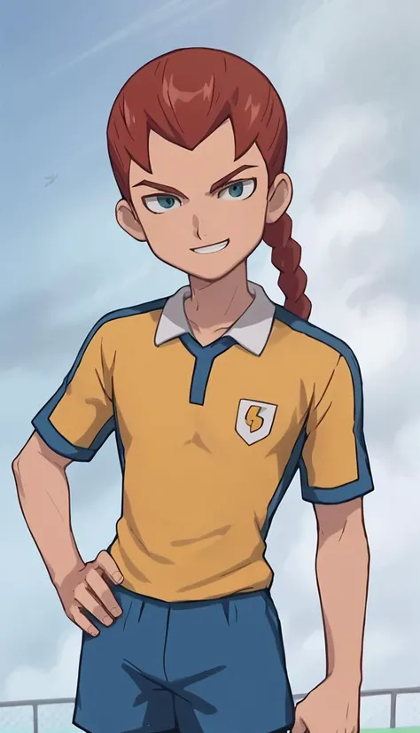score_9, score_8_up, score_7_up, score_6_up, score_5_up, score_4_up, source_anime, 1boy, sein, red hair, long braid, blue eyes, <lora:Sein:0.9>, looking at viewer, pose, smile, hand on own hip, <lora:Smooth Style 2 SDXL_LoRA_Pony Diffusion V6 XL:0.7>, raimon, raimon soccer uniform, sportswear, yellow shirt, blue shorts, <lora:Raimon_GO_Uniform:0.7>