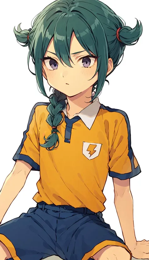 score_9, score_8_up, score_7_up, score_6_up, score_5_up, score_4_up, source_anime, simple background, single braid, raimon, raimon soccer uniform, yellow shirt, blue shorts, <lora:Raimon_GO_Uniform:1>