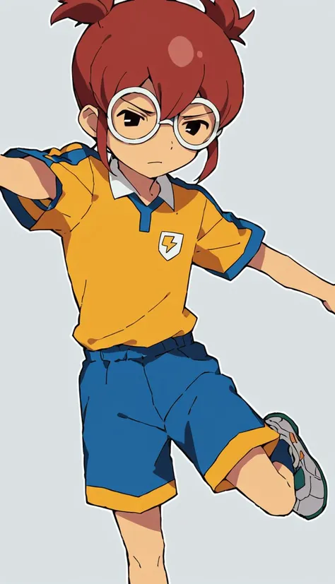 score_9, score_8_up, score_7_up, score_6_up, score_5_up, score_4_up, source_anime, standing on one leg, outstretched arms,, 1boy, hayami tsurumara, red hair, hair between eyes, black eyes, glasses, <lora:Hayami_Tsurumasa:0.7>, raimon, raimon soccer uniform, sportswear, yellow shirt, blue shorts, <lora:Raimon_GO_Uniform:0.7>