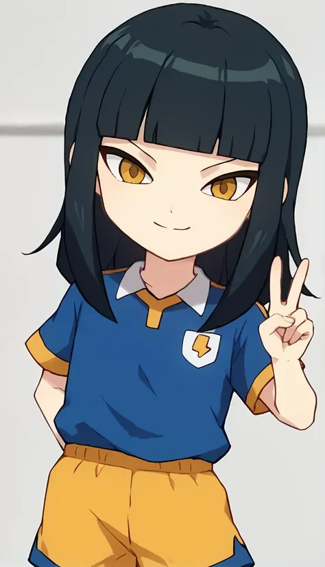 score_9, score_8_up, score_7_up, score_6_up, score_5_up, score_4_up, source_anime, 1girl, dhanna, black hair, long hair, yellow eyes, brown pupils, ((V)), smile, pose, blue shirt, yellow shorts, raimon, raimon soccer uniform, sportswear, blue shirt, yellow shorts, <lora:Raimon_GO_Uniform:0.7>, <lora:Dhanna:1>