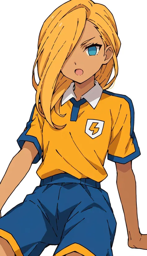 score_9, score_8_up, score_7_up, score_6_up, score_5_up, score_4_up, BREAK source_anime, 1girl, reiza, sitting, looking at viewer, open mouth, no pupils, <lora:Reiza:0.7>, raimon, raimon soccer uniform, sportswear, yellow shirt, blue shorts, <lora:Raimon_GO_Uniform:0.7>