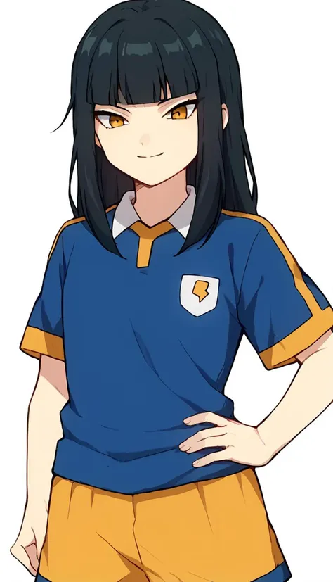 score_9, score_8_up, score_7_up, score_6_up, score_5_up, score_4_up, source_anime, 1girl, dhanna, black hair, long hair, yellow eyes, brown pupils, pose, hand on own hip, smile, looking at viewer, <lora:Dhanna:1>, raimon, raimon soccer uniform, sportswear, blue shirt, yellow shorts, <lora:Raimon_GO_Uniform:0.7>