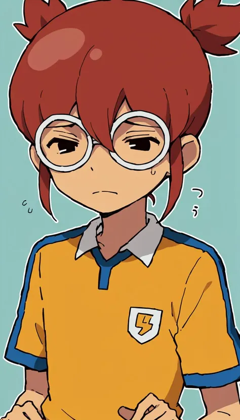 score_9, score_8_up, score_7_up, score_6_up, score_5_up, score_4_up, source_anime, scared, sad, pose,, raimon, raimon soccer uniform, sportswear, yellow shirt, blue shorts, <lora:Raimon_GO_Uniform:0.7>, 1boy, hayami tsurumara, red hair, hair between eyes, black eyes, glasses, <lora:Hayami_Tsurumasa:0.8>