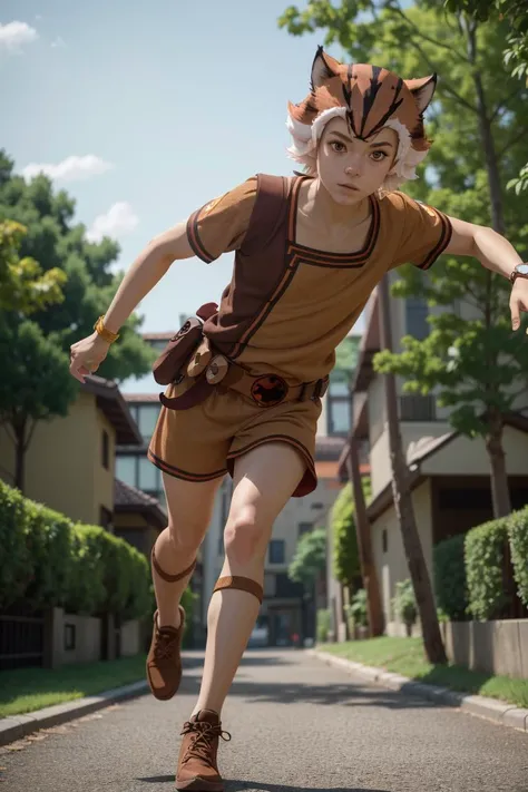 <lora:WilyKat_v1:1>, Hyperrealistic, Masterpiece, Volumetric Lighting, Subsurface Scattering, Photorealistic, anime style , volumetric lighting, best quality, intricate details, tonemapping, sharp focus, hyper detailed, absurdres, highres, full body photograph of, wilykat, 1boy, upper body, two toned brown vest, thundera belt,