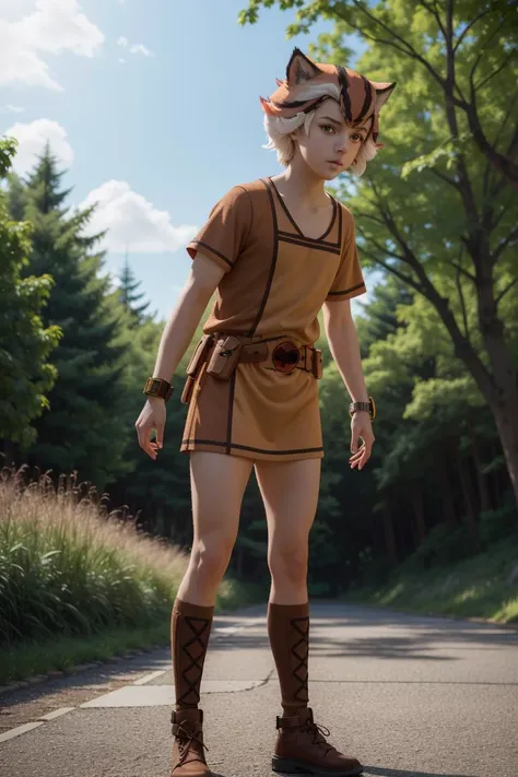 <lora:WilyKat_v1:1>, Hyperrealistic, Masterpiece, Volumetric Lighting, Subsurface Scattering, Photorealistic, anime style , volumetric lighting, best quality, intricate details, tonemapping, sharp focus, hyper detailed, absurdres, highres, full body photograph of, wilykat, 1boy, upper body, two toned brown vest, thundera belt:1.5,