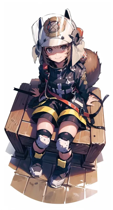 (masterpiece,best quality, detailed), indoors, looking at viewer, 1girl, solo, full body, from above, smile, sitting, wariza,
origin, 1girl, solo, jacket, shorts, knee pads,boots,squirrel tail, white background, simple background, black shorts, cowboy shot <lora:shaw-pynoise-000009:1>