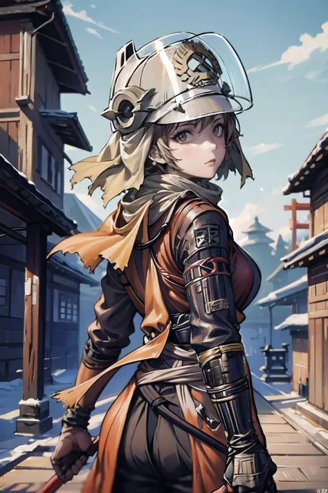 origin, 1girl,helmet, solo,(outfit sekiro), from behind, breasts, looking at viewer, outdoors, sky, temple, back, looking back, day,
<lora:outfit_sekiro-000008:1.05><lora:shaw-pynoise-000009:0.95>