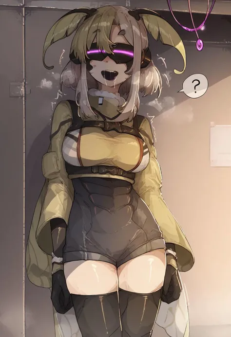 high quality, good quality, perfect quality, amazing quality, high res, masterpiece, score_9, score_8_up, score_7_up, source_anime, best quality, juniperactias, pale skin, black thighhighs, black gloves::2, <lora:Shuuko:1> shuuko, lunesuit, pink visor, glowing visor, wire, headphones, question mark in speech bubble, hypnosis, brainwashing, brainwashing visor, drooling, mouth open, standing, limp, standing limply, saliva drool