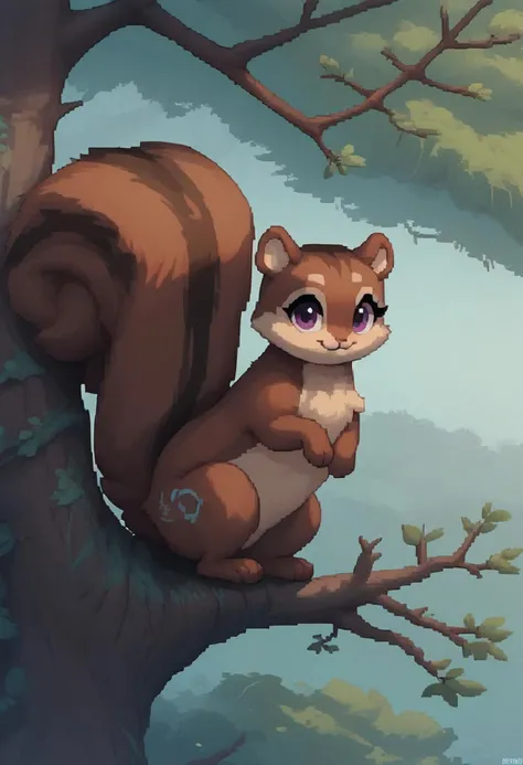 (easynegative:0.2 ) girl, squirrel, solo, furry, feral, big branch, on the tree, looking at viewer, nut tree, shuuko, light colors, bright colours, cute, pixelart, pixel,