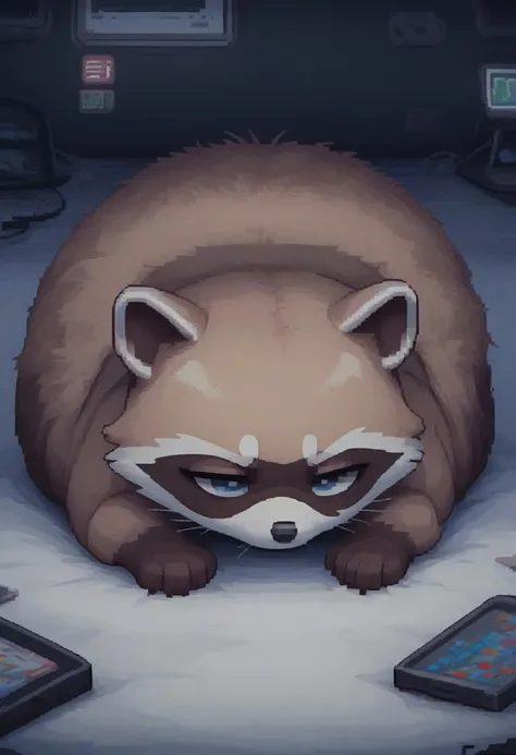 (easynegative:0.2 ) raccoon, feral, solo, puffy, lying on his stomach, two-tone body, round, lazy, tired, , half closed eyes, , shuuko, light colors, bright colours, cute, pixelart, pixel,