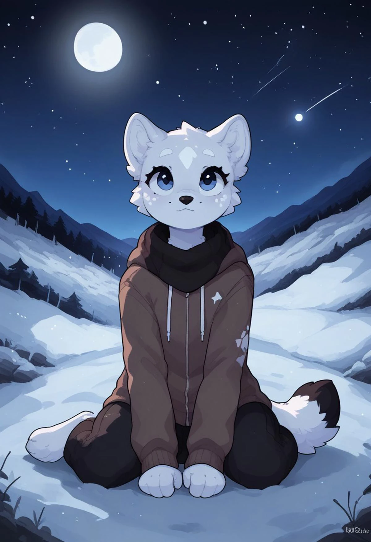(easynegative:0.2 ) snow seopard, grey body, white spots, furry, anthro, girl, solo, sitting, looks up , view, stars, night, polar lights, moon, hill, snow, shuuko, light colors, bright colours, cute,
