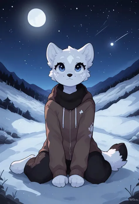 (easynegative:0.2 ) snow seopard, grey body,  white spots, furry, anthro, girl, solo, sitting, looks up ,   view, stars, night, polar lights, moon, hill, snow, shuuko, light colors, bright colours, cute,