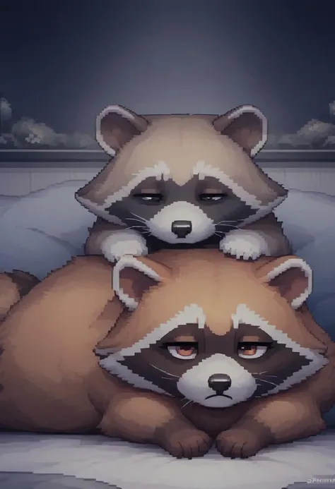 (easynegative:0.2 ) raccoon, feral, puffy, lying on his stomach, two-tone body, round, lazy, , sleepy, half closed eyes,  on bed , shuuko, light colors, bright colours, cute, pixelart, pixel,