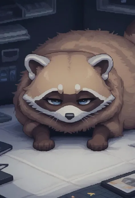 (easynegative:0.2 ) raccoon, feral, puffy, lying on his stomach, two-tone body, round, lazy, tired, , half closed eyes, , shuuko, light colors, bright colours, cute, pixelart, pixel,